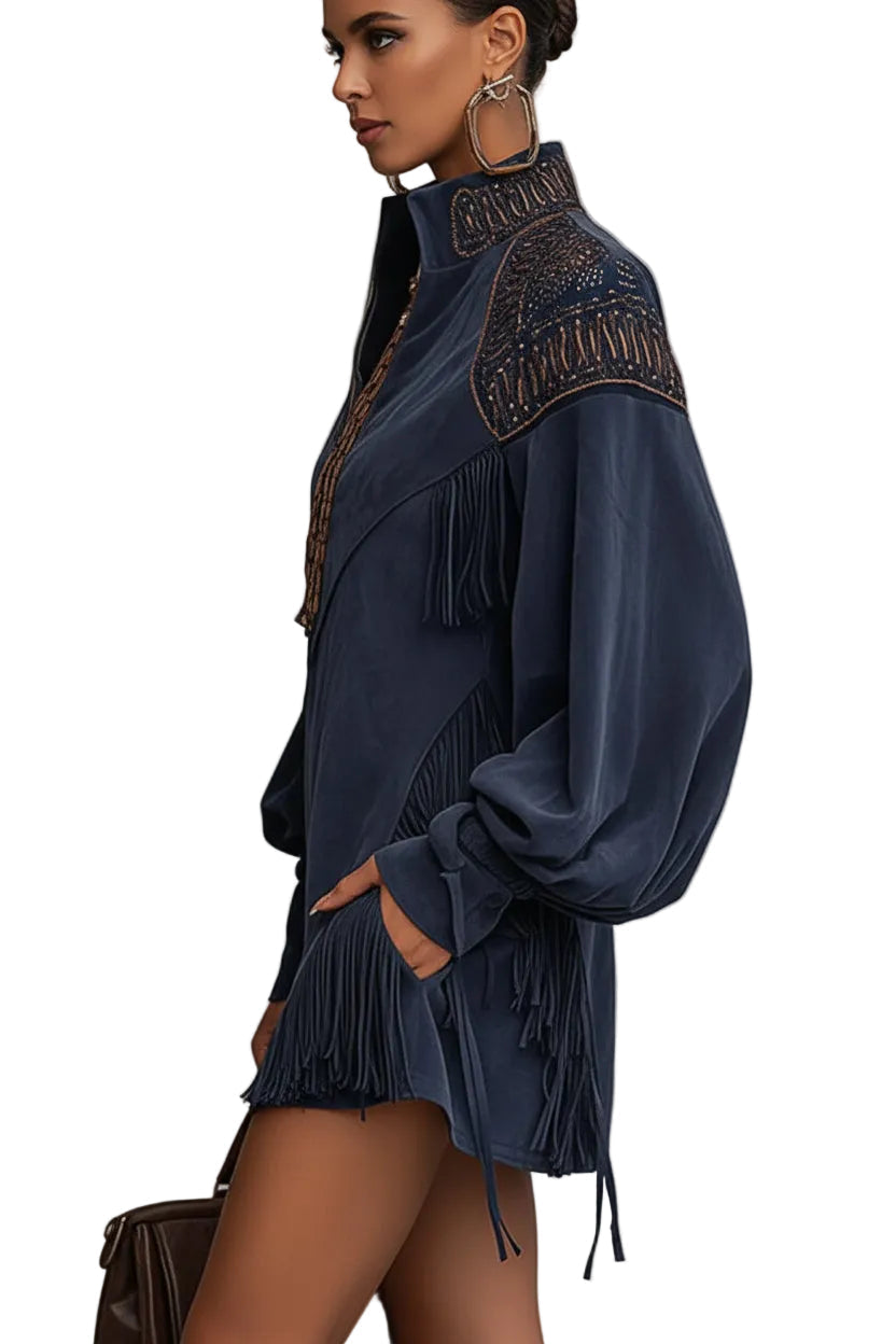 Renata - Indigo Faux Suede Embroidered Tassel Mini Dress