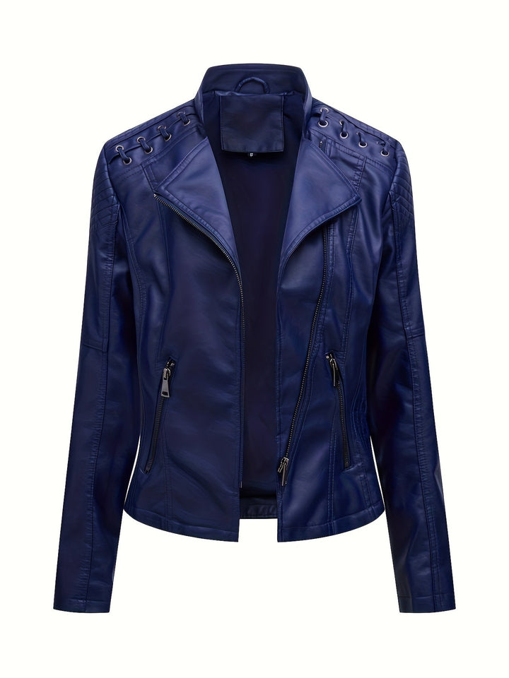 Elegant Faux Leather Moto Jacket for Women with Notch Lapel Zip Front Studded Shoulder