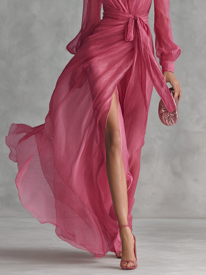 Women's Elegant Rose Pink Pearl Chiffon V-neck Tie-waist Long Dress