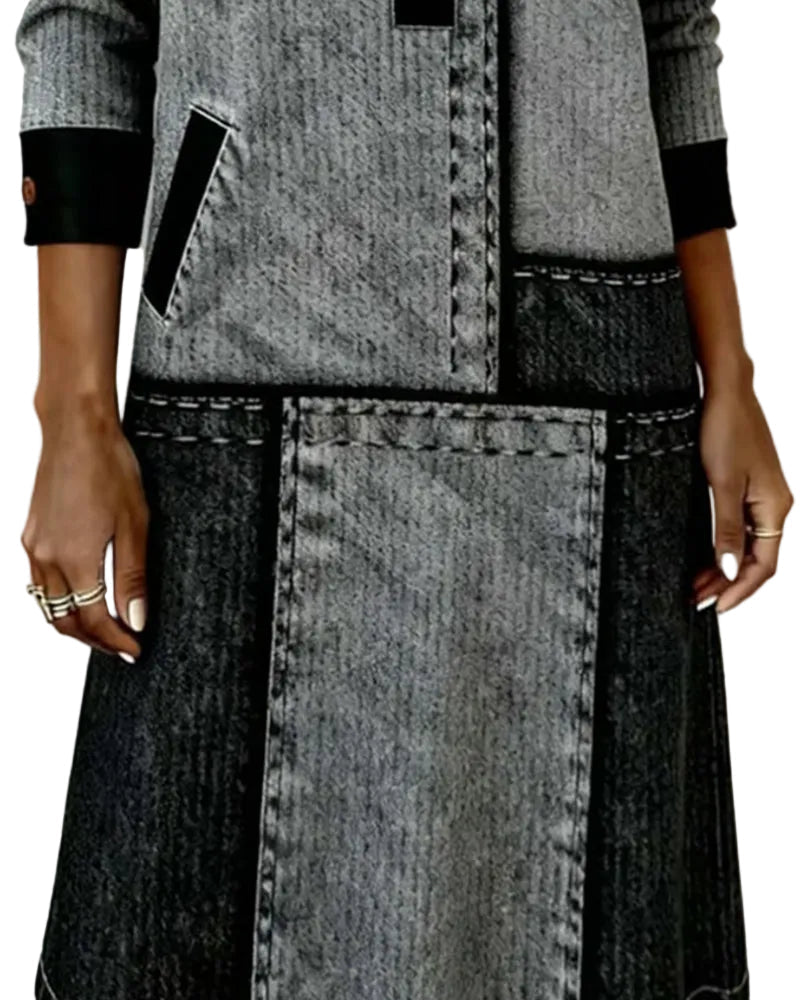 Dress Button Flip V-neck Color Block Modern