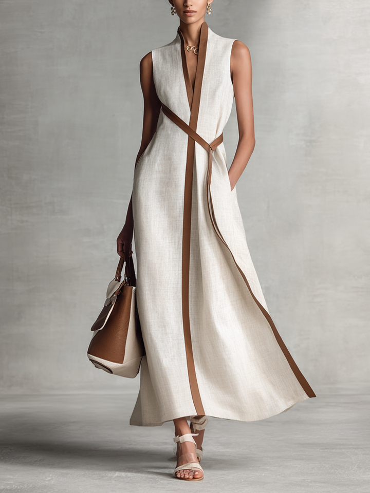 Women's Sleeveless V-Neck Tie-Waist Cotton Linen Maxi Dress