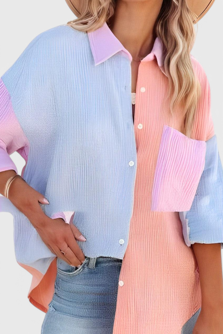 Juniper Button-Down Blouse with Color Block Design