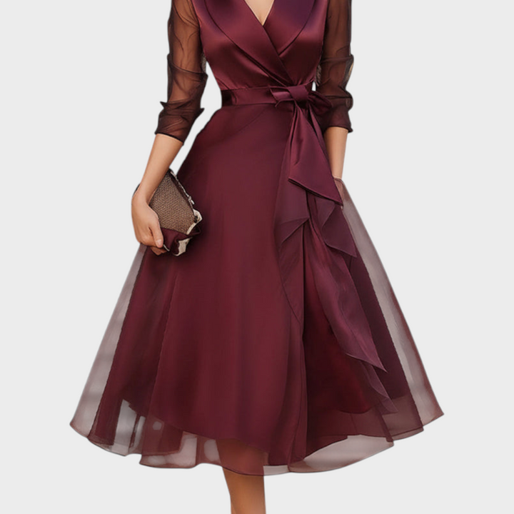 Faye | Belted Layered Midi Dress in Burgundy with Collar Detail