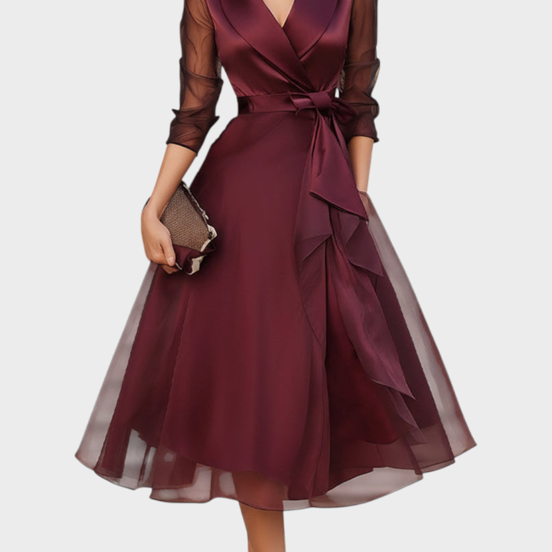 Faye | Wrap Midi Dress with Sheer Three-Quarter Sleeves