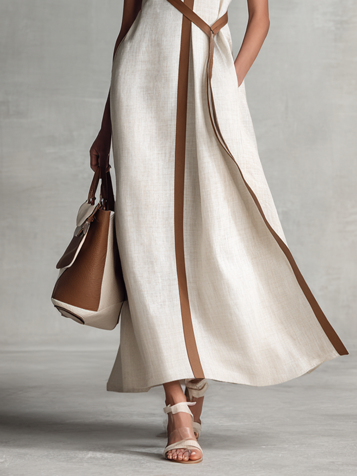 Women's Sleeveless V-Neck Tie-Waist Cotton Linen Maxi Dress