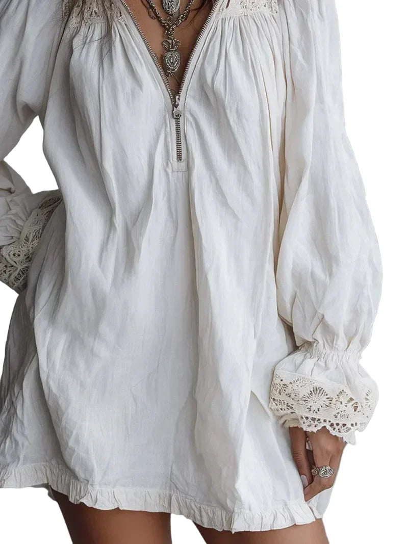 Vintage-style Zip-up Collar Lace-trimmed White Mini Dress