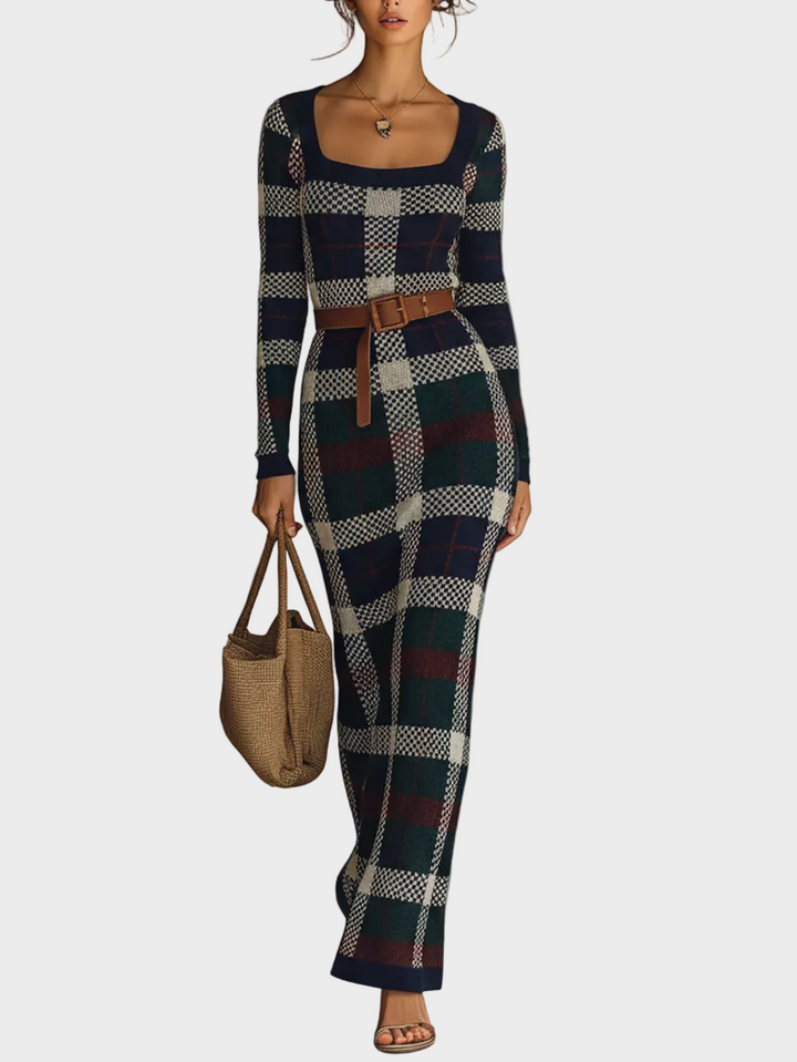 Minnie | Women's Minimalist Check Knit Belted Square Neck Maxi Dress