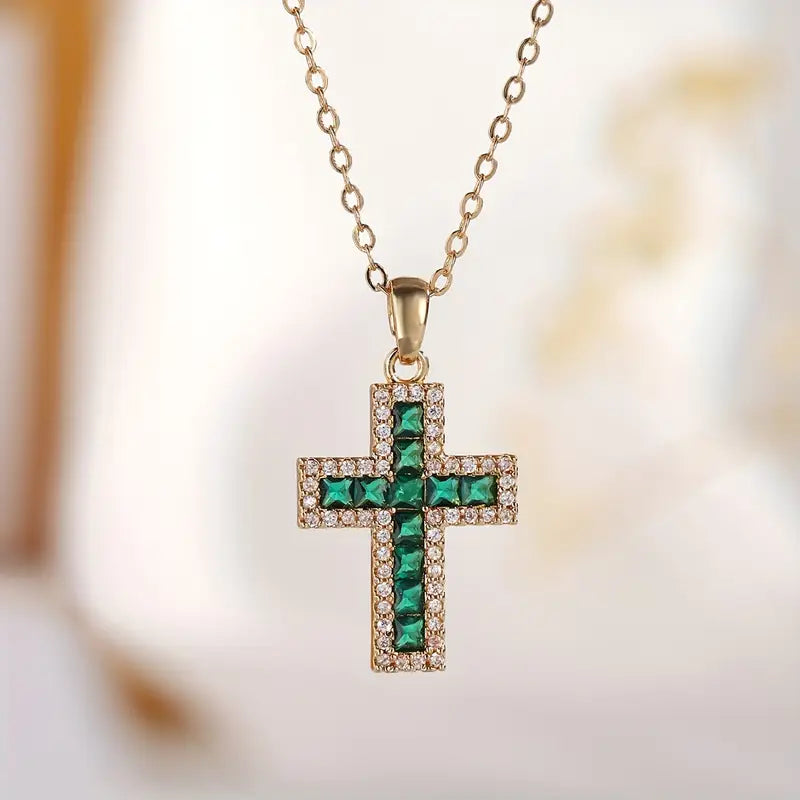 Solene Green Stone Cross Pendant Necklace | Gold-Tone