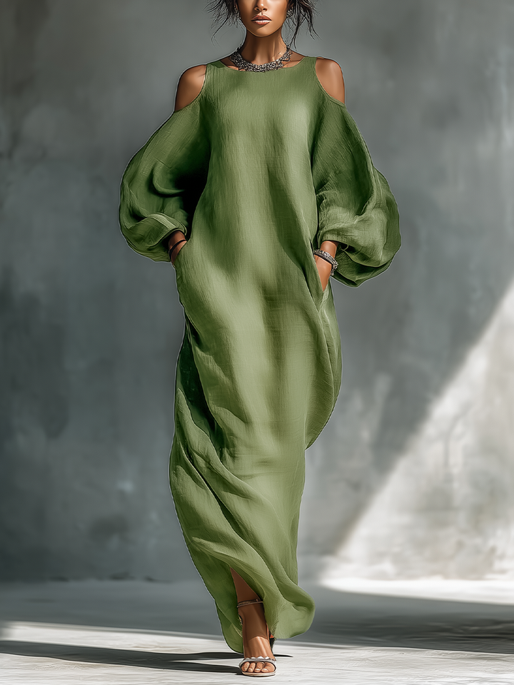 Women's Light Green Cold-Shoulder Maxi Dress With Oversized Puff Sleeves & Side Pockets