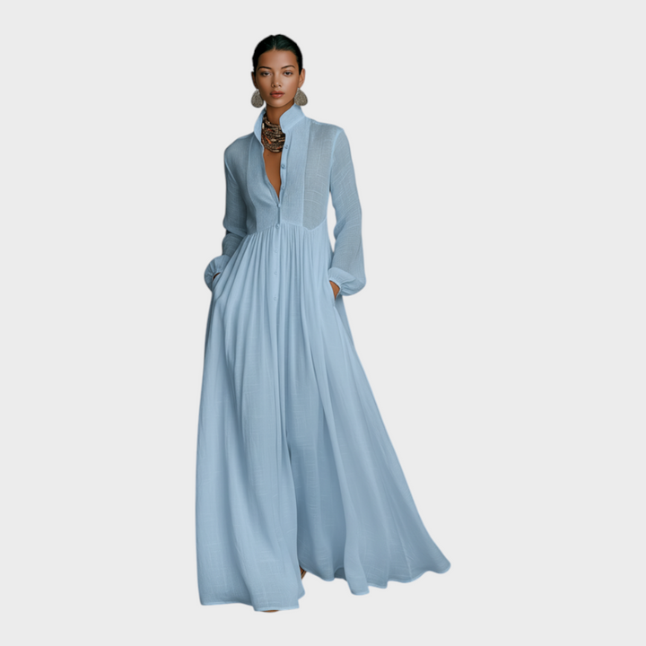 Leah | Women's Minimalist Cotton And Linen Patchwork Single-breasted Stand-up Collar Long-sleeved Maxi Dress MDA0658K6Y