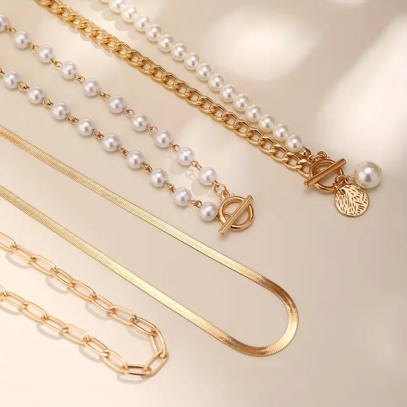 Vintage Faux Pearl & Gold-Tone Snake Chain Necklace Set | Gold-Tone
