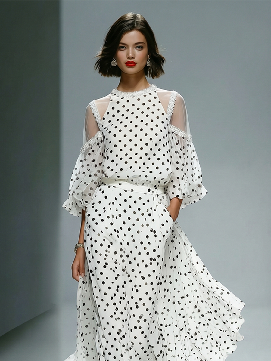 Women's White Polka Dot Chiffon Dress With Sheer Cold-Shoulder Puffed Sleeves, Timeless Retro-Elegant Style Dress