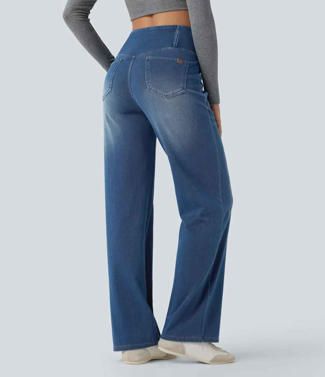 UltraStretch Crossover High Waisted Tummy Control Casual Straight Leg Jeans with Pockets