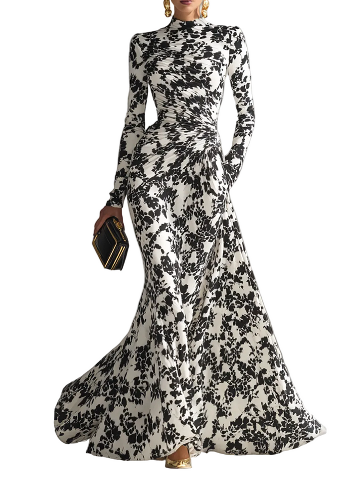 Women's Black And White Patterned Stretch Blend Wrap Dress