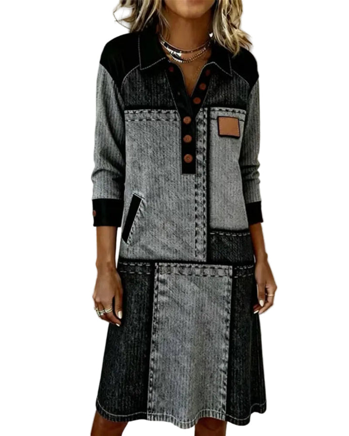 Dress Button Flip V-neck Color Block Modern