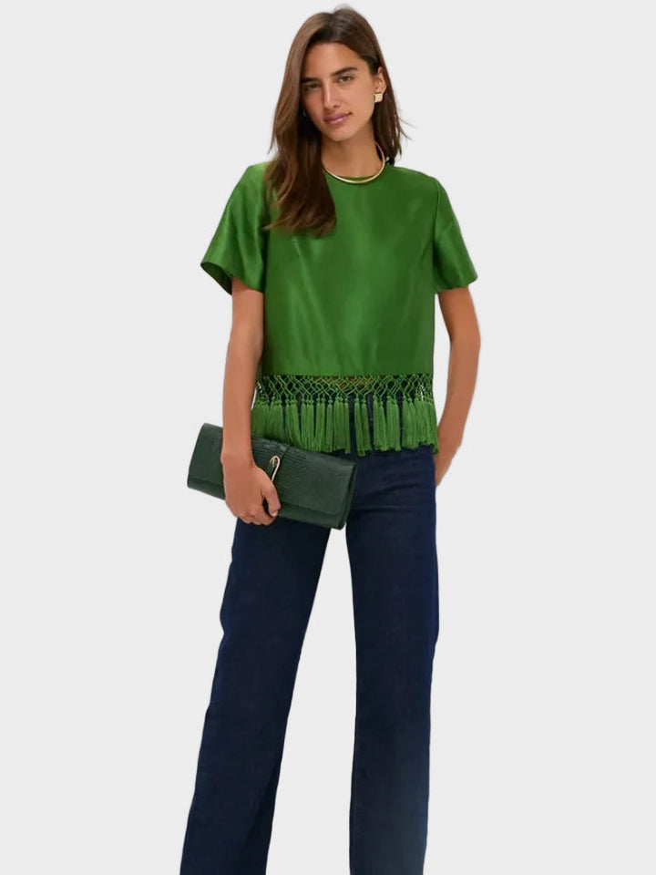 Rylie | Green Satin Fringe Top
