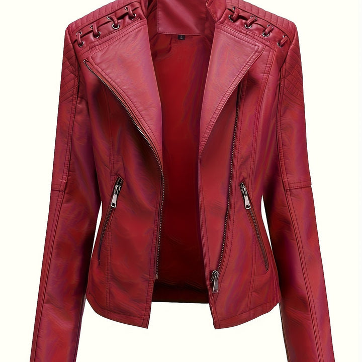 Elegant Faux Leather Moto Jacket for Women with Notch Lapel Zip Front Studded Shoulder
