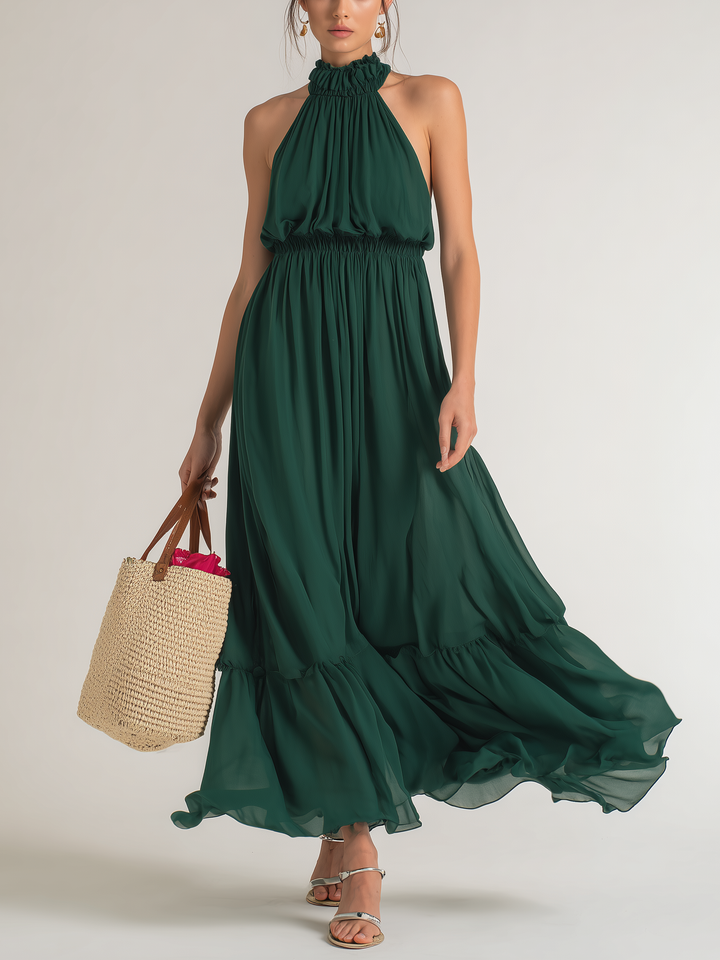 Women's Elegant Dark Green Chiffon Round Neck Sleeveless Long Dress