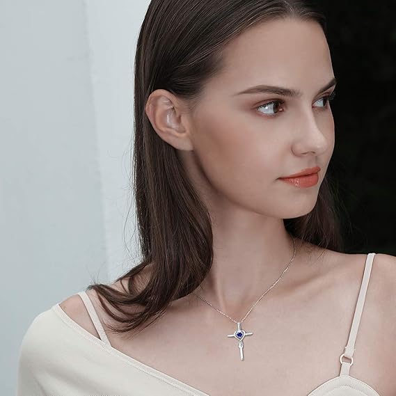Blue Stone Heart Stone Cross Necklace | Silver-Tone