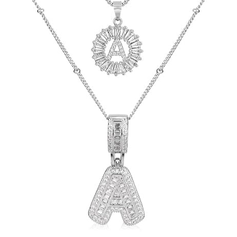 Pave letter initial necklace set | Silver-Tone