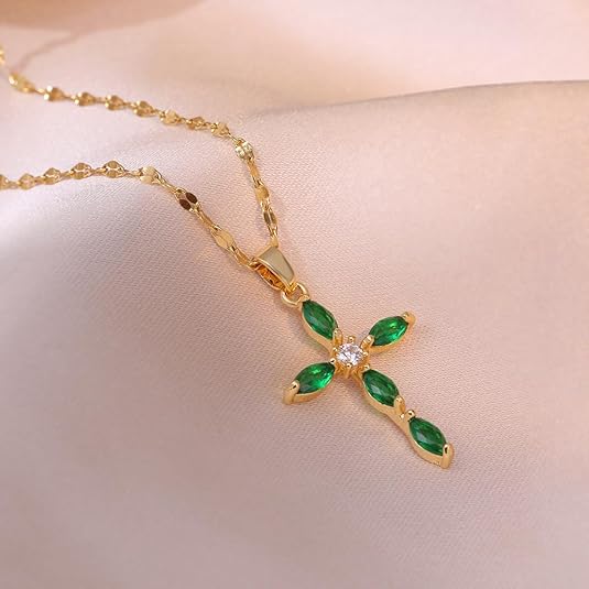 Green Stone Cross Necklace | Gold-Tone