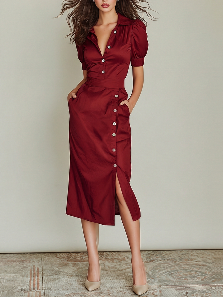 Women's Burgundy Satin Dress With Buttoned Front & Side Slit Midi Skirt, Modern Office-Chic Style Dress