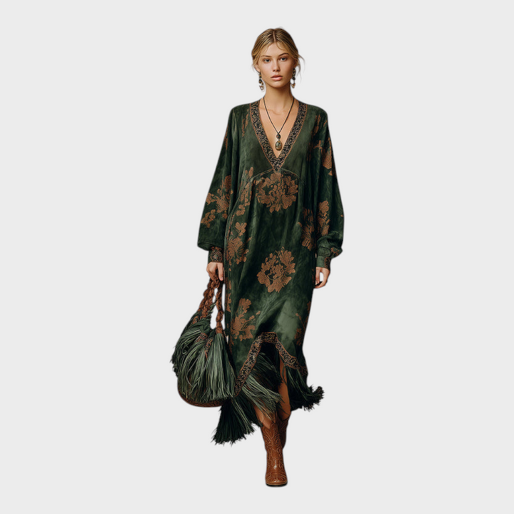 Makayla | Green Faux Suede V-Neck Maxi Dress with Tassel Trim