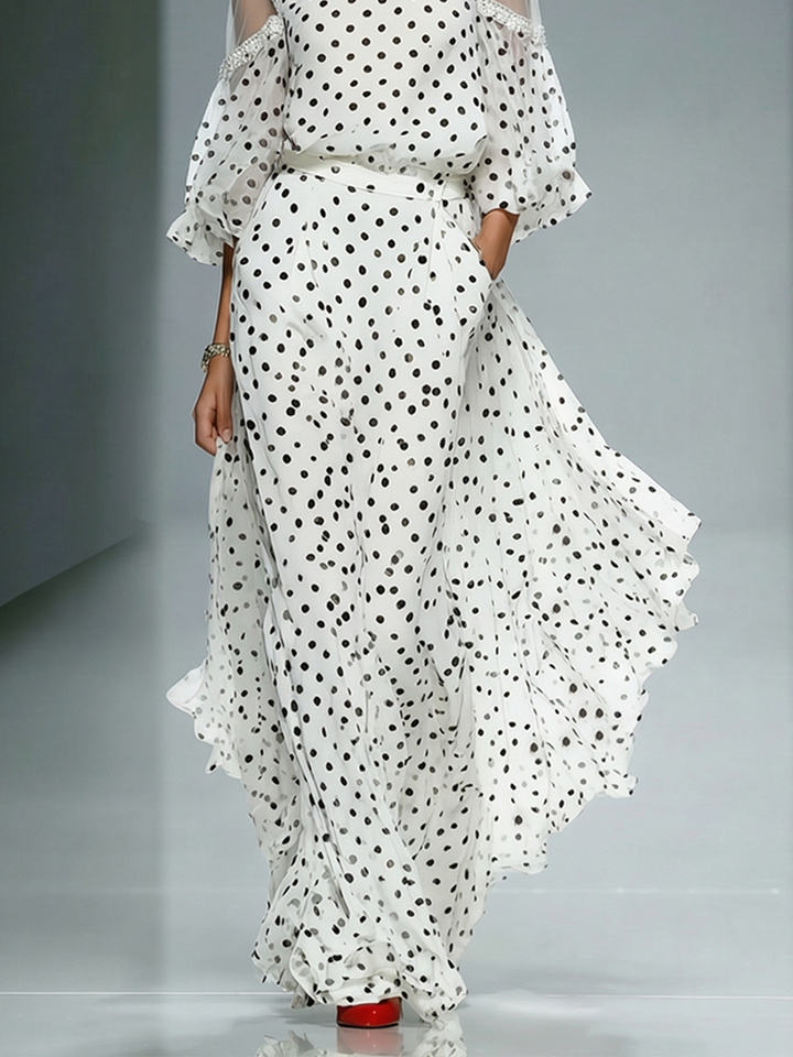 Women's White Polka Dot Chiffon Dress With Sheer Cold-Shoulder Puffed Sleeves, Timeless Retro-Elegant Style Dress