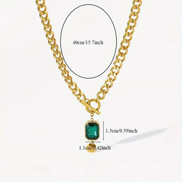 Chunky Chain Green Stone Pendant Necklace | Gold-Tone
