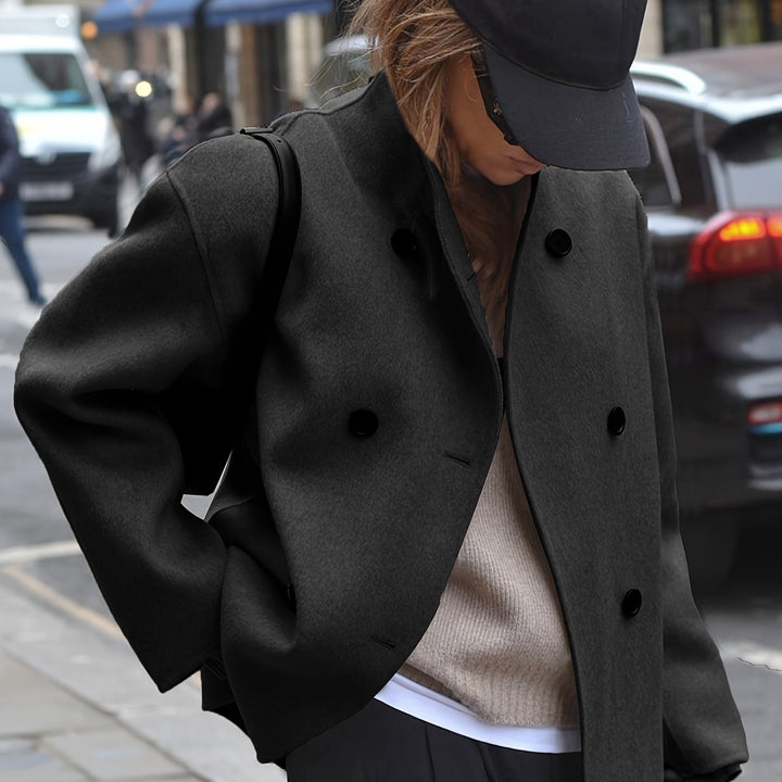 Effortless Wool Pea Coat for Women with Stand Collar Long Sleeve Double Breasted Oversized Casual Style