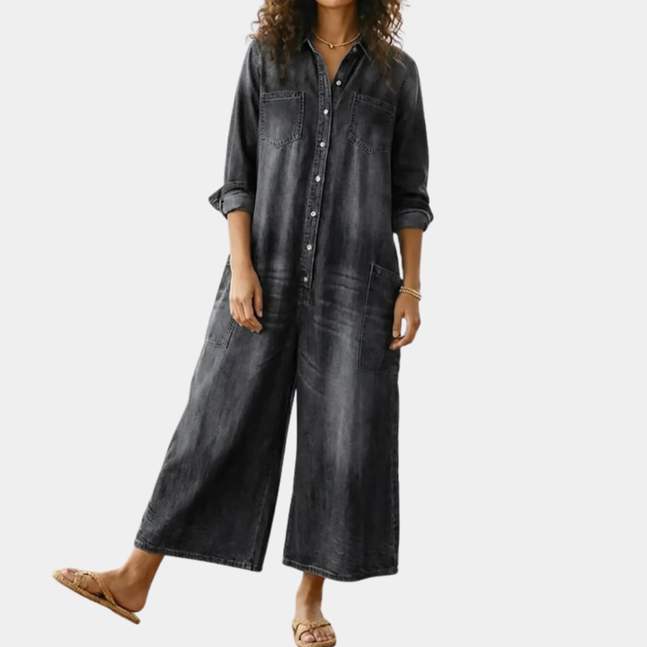 Denim Jumpsuit Women Cotton Button Front Vintage Washed