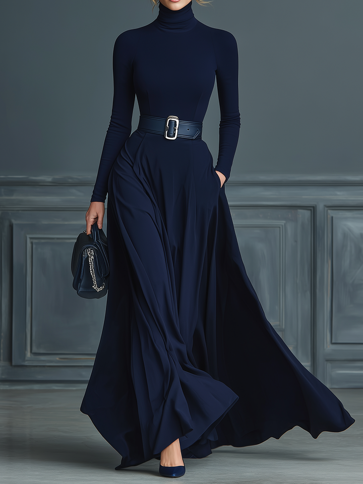 Women's Dark Blue Knitted High-neck Dress