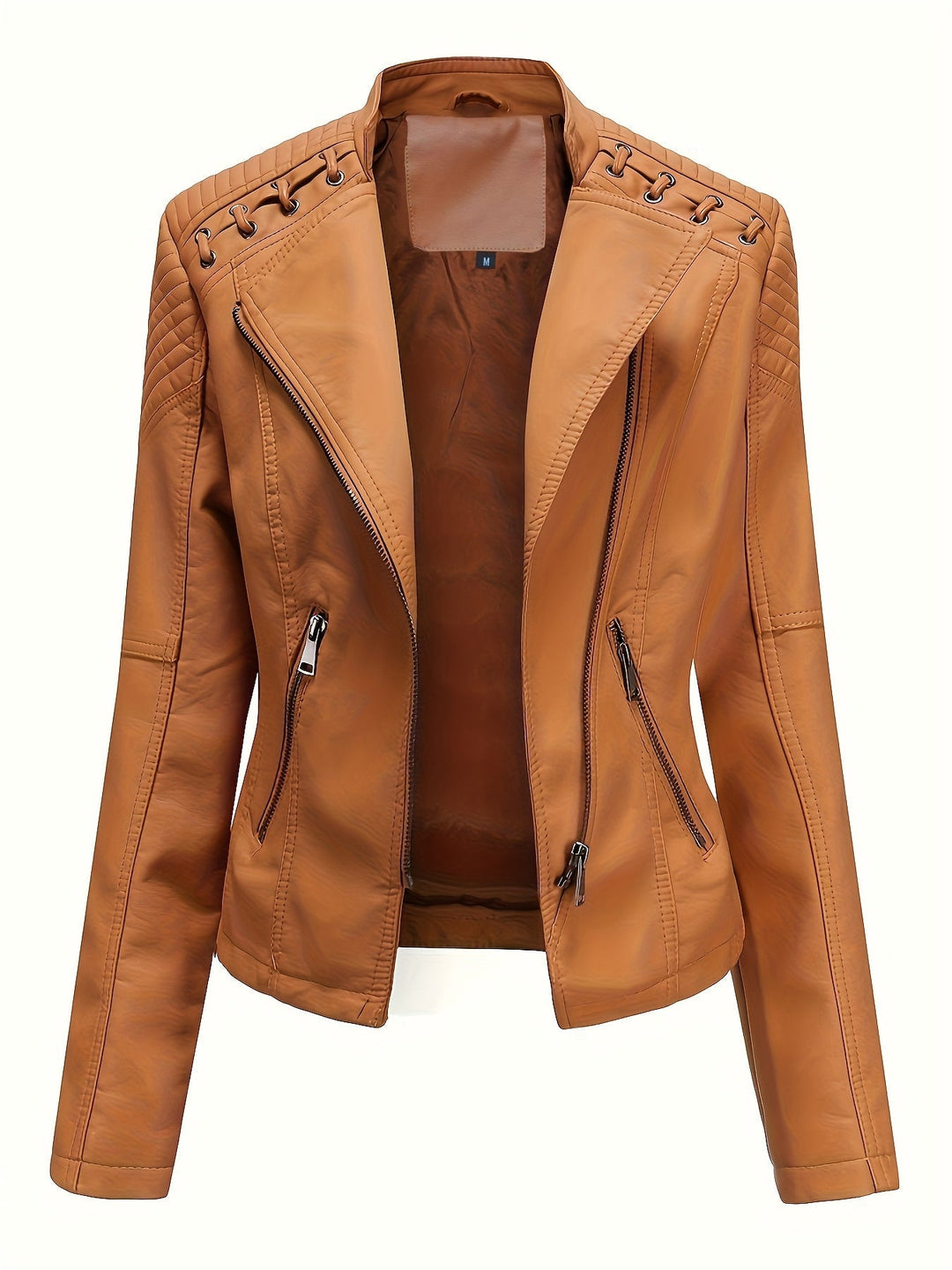 Elegant Faux Leather Moto Jacket for Women with Notch Lapel Zip Front Studded Shoulder