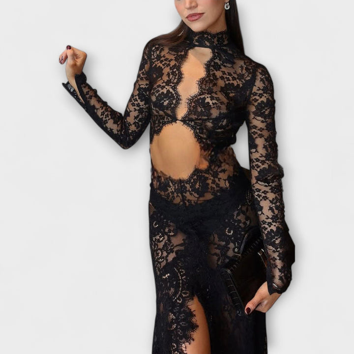 Azalea - Midnight Elegance Transparent Cutout Long Sleeve Stretch Maxi Dress