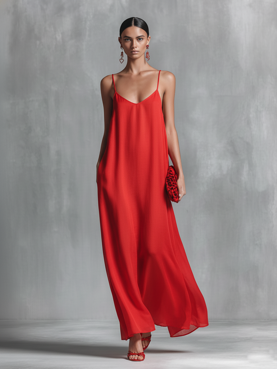 Women's Simple Red Chiffon V-Neck Spaghetti Strap Maxi Dress