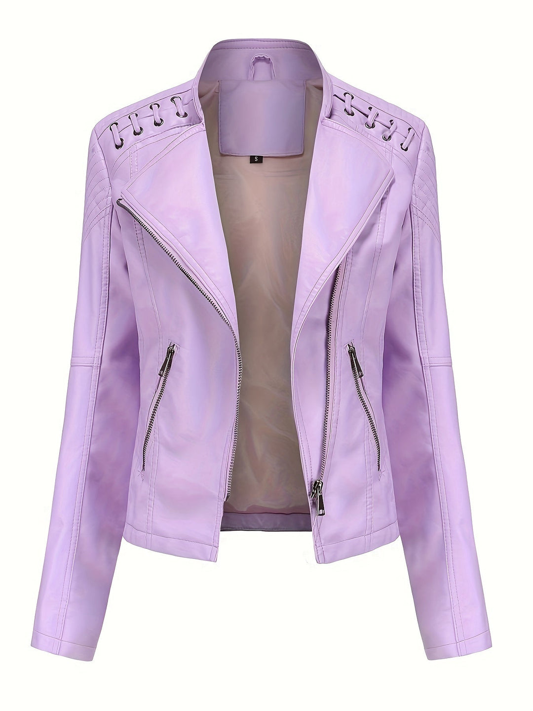 Elegant Faux Leather Moto Jacket for Women with Notch Lapel Zip Front Studded Shoulder