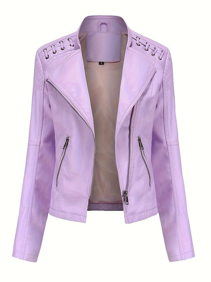 Elegant Faux Leather Moto Jacket for Women with Notch Lapel Zip Front Studded Shoulder