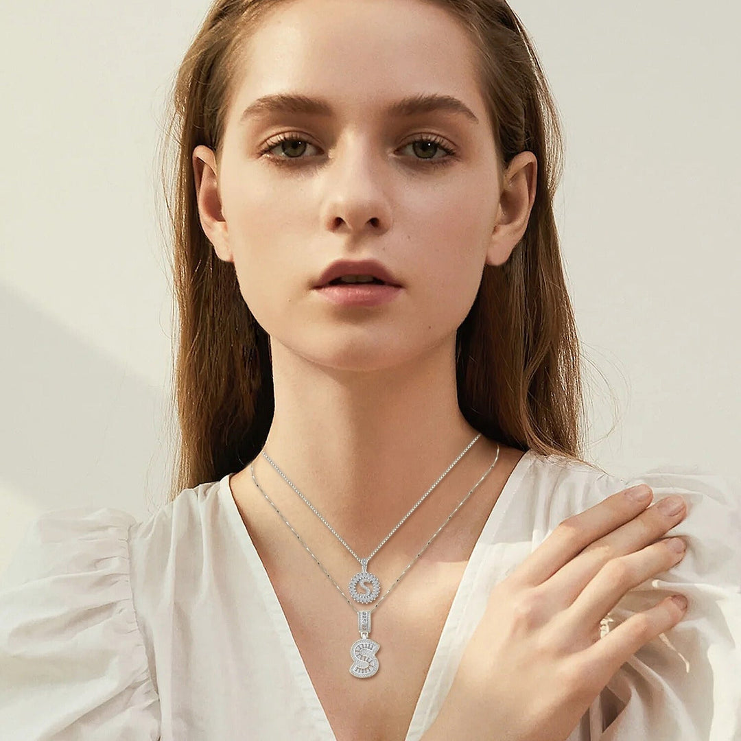 Pave letter initial necklace set | Silver-Tone