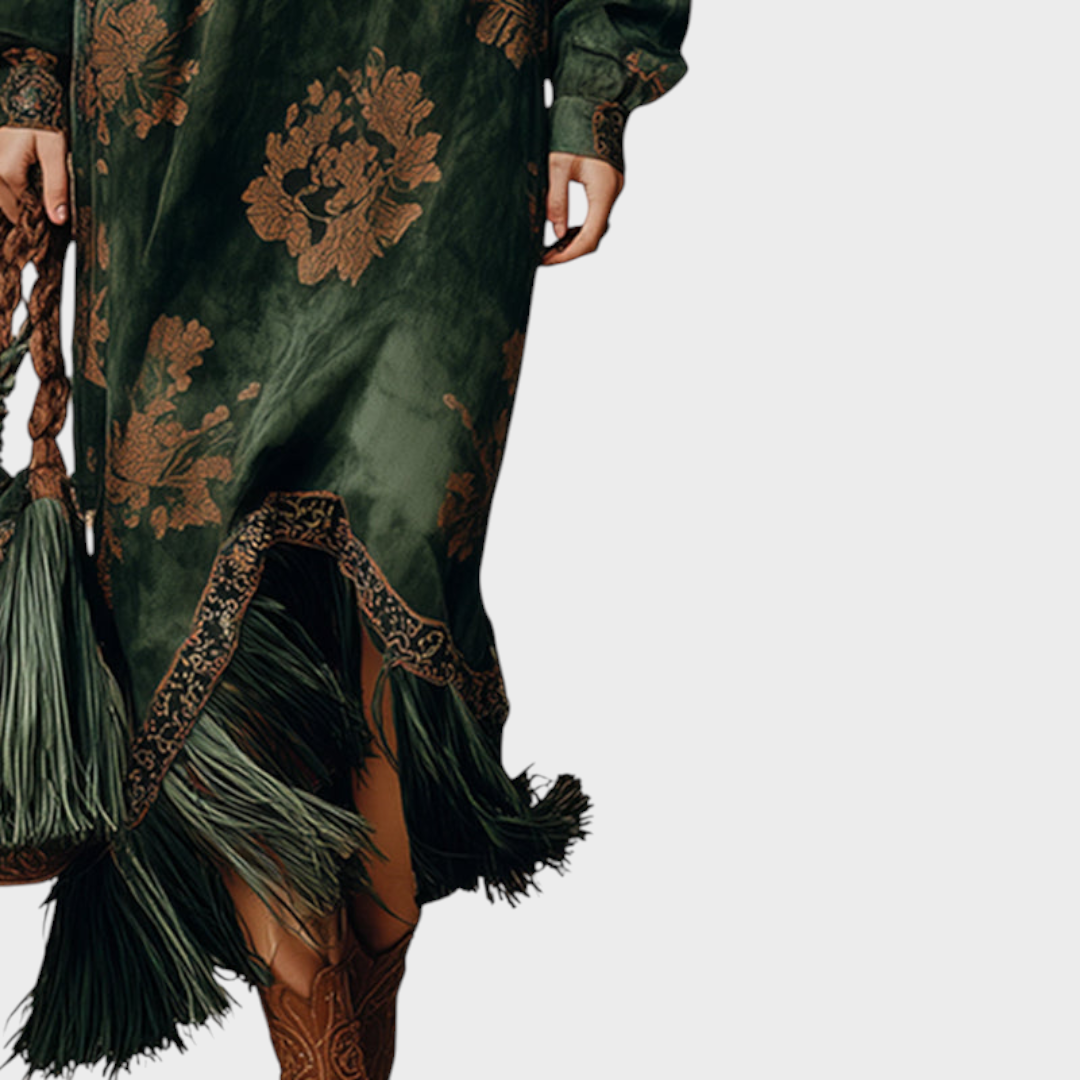 Makayla | Green Faux Suede V-Neck Maxi Dress with Tassel Trim