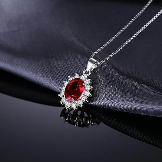 Classic Red Stone Halo Necklace | Silver-Tone