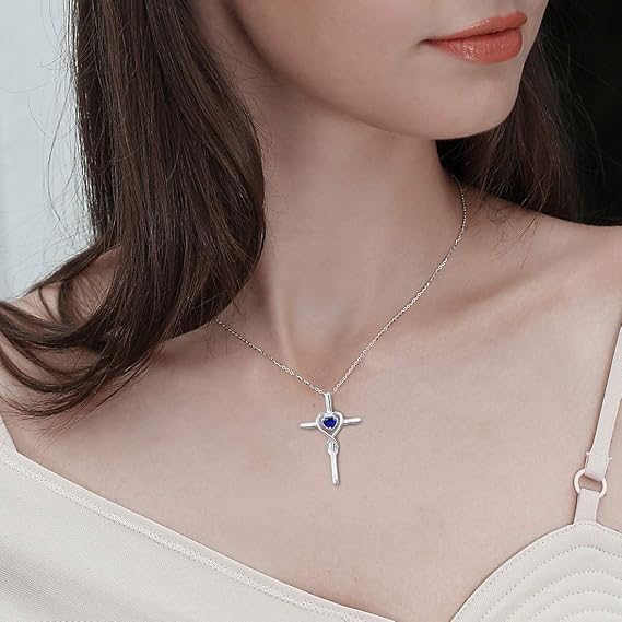 Blue Stone Heart Stone Cross Necklace | Silver-Tone