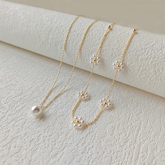 Floral Faux Pearl Layered Necklace | Gold-Tone
