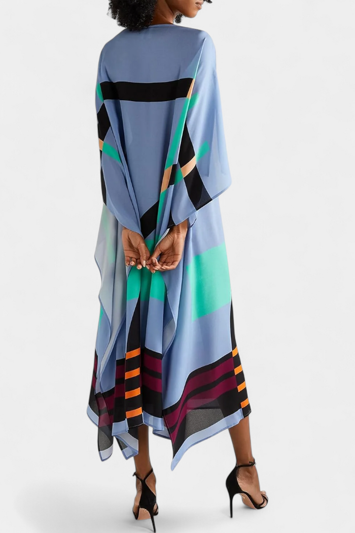 Elenora Kaftan with Geometric Pattern, Wide Line and Butterfly Mesh Fabric