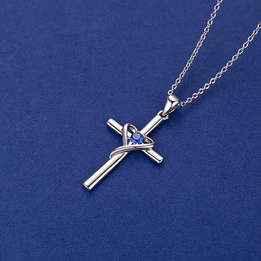 Blue Stone Cross Necklace | Silver-Tone