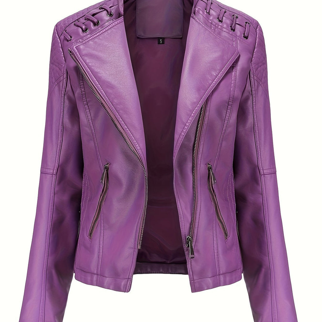 Elegant Faux Leather Moto Jacket for Women with Notch Lapel Zip Front Studded Shoulder
