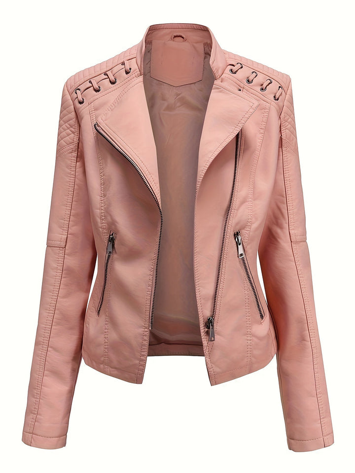 Elegant Faux Leather Moto Jacket for Women with Notch Lapel Zip Front Studded Shoulder