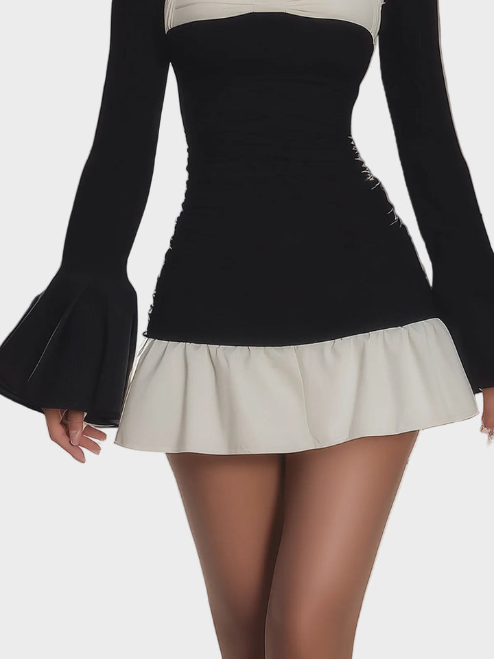 Black And White Color-blocked Square-neck Ruffled Bodycon Little Black Dress