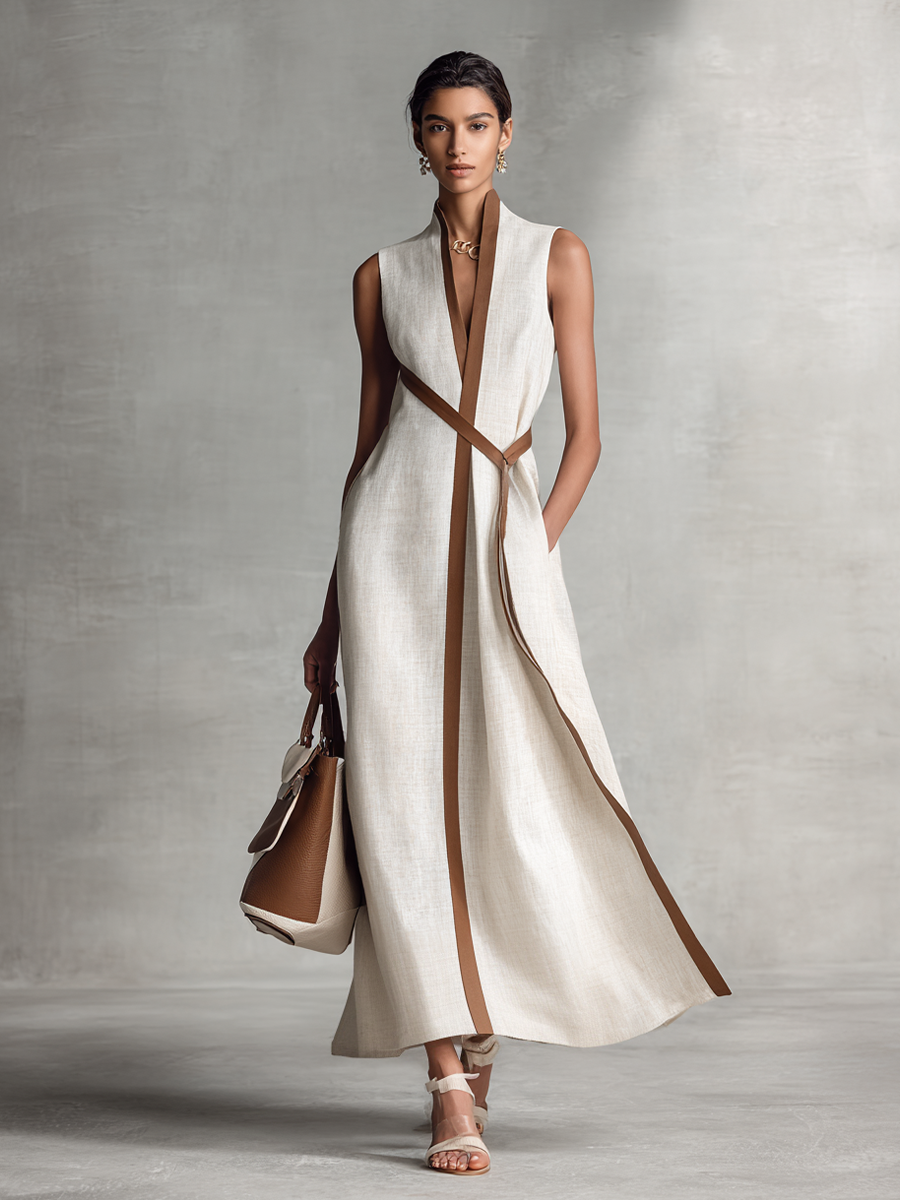 Women's Sleeveless V-Neck Tie-Waist Cotton Linen Maxi Dress