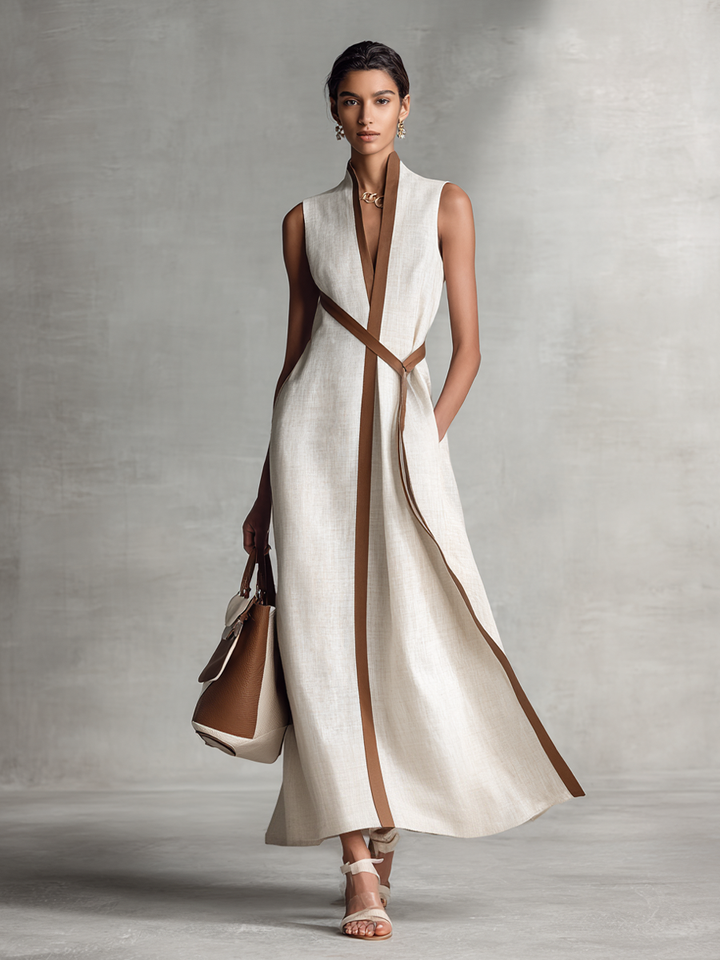 Women's Sleeveless V-Neck Tie-Waist Cotton Linen Maxi Dress
