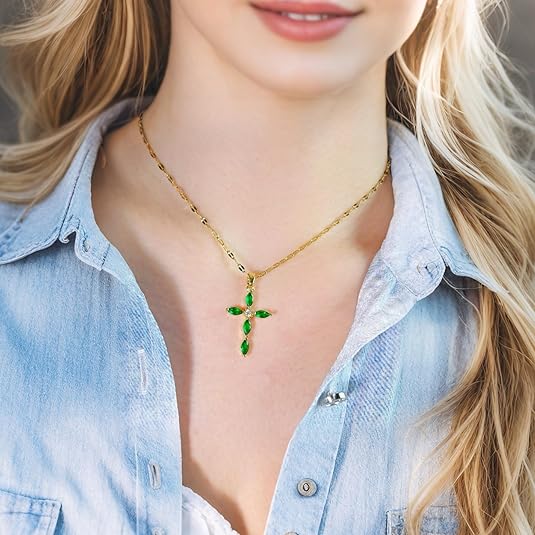Green Stone Cross Necklace | Gold-Tone